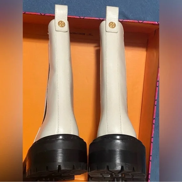 Tory Burch Benton Slip on Moto Cream and Black Ankle Boots - Picture 4 of 13